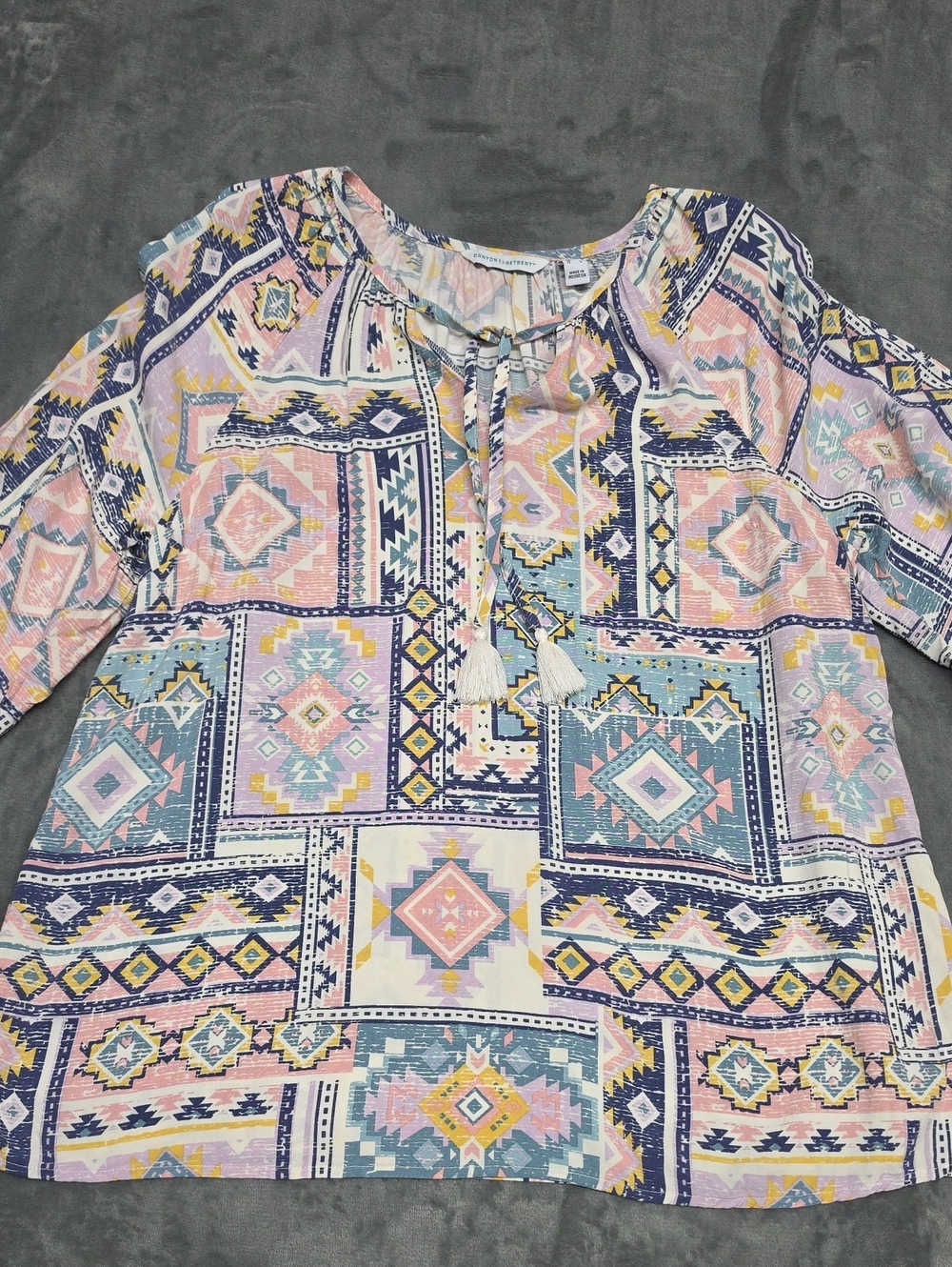 Pastel Geo Tassel Tunic Top - Pink Blue Cream - Picture 1 of 7